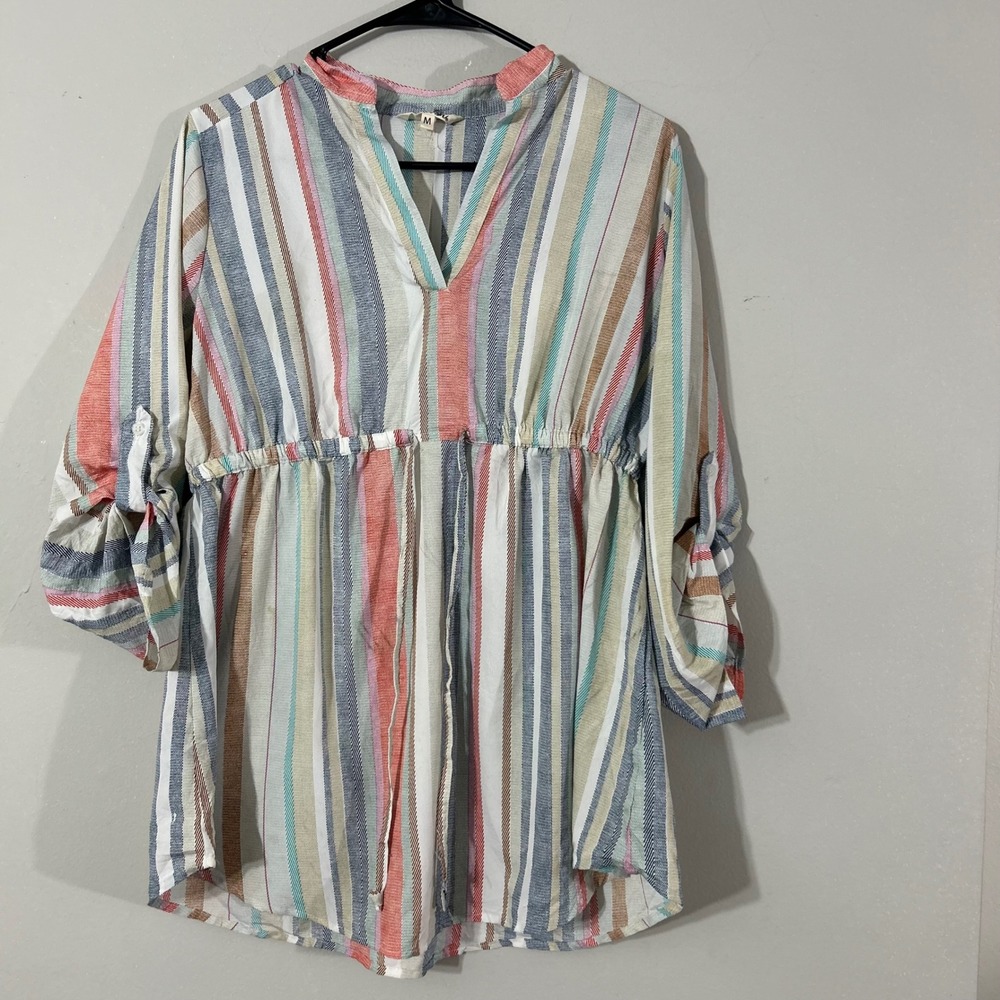 Mint of Blush Striped V Neck‎ Elastic Waist Roll Tab Sleeve Tunic Top M